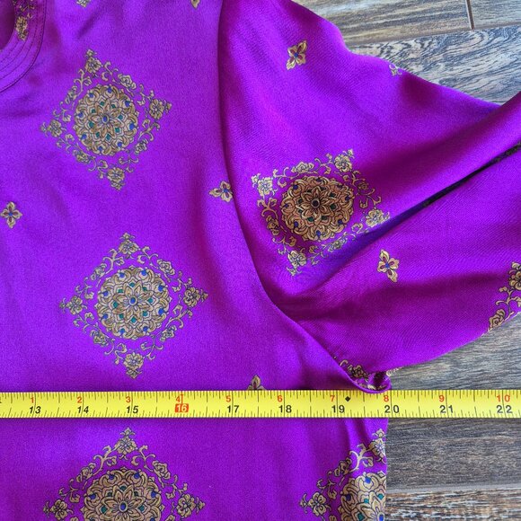 Vintage'90s Talbots 100% Silk Satin Purple Gold Damask Blouse Long Sleeve - Picture 9 of 10